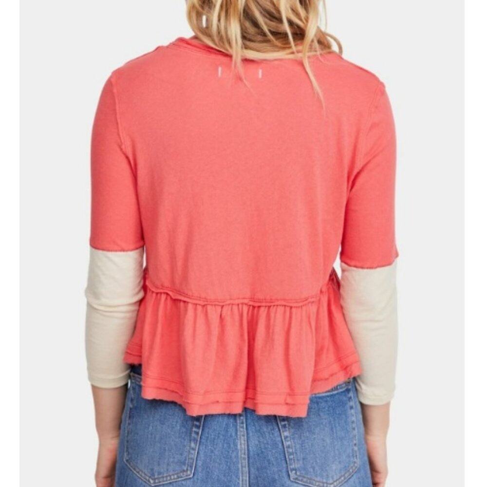 Free People Women's 3/4 Blouse Heart of Mine Cotton Flounce-Hem Colorblock Red M - Picture 3 of 7